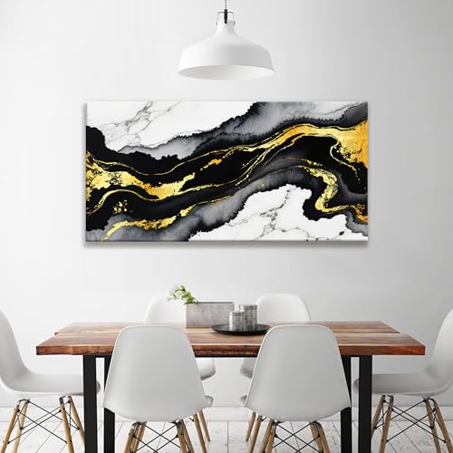 Abstract Black And Gold Wall Art For Living Room Artwork 24x48 Inch