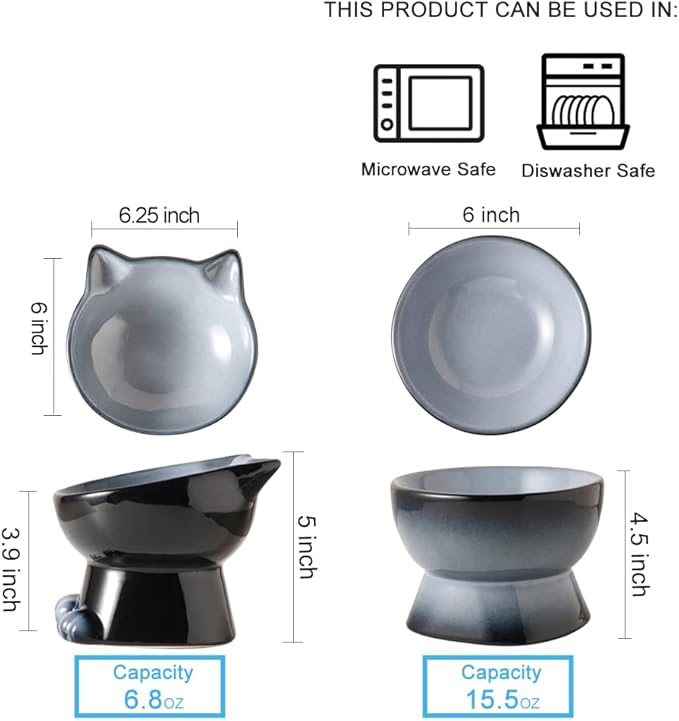 Nihow Elevated Cat/Dog Bowls Set : 6.2 Inch Ceramic Raised Cat Food & Water Bowl Set for Protecting Pet's Spine - Feeding & Watering Supplies for Cat/Small Size Dog - Elegant Gray(2PC)