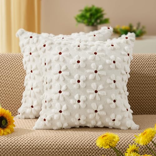 Spring Summer Pillow Covers 16x16 inch Set of 2 White Rust Daisy