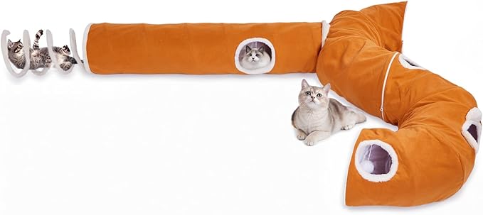 Ownpets 2-in-1 Cat Tunnel, Large Lollipop Shape Cat Tunnel Toy with Fluffy Balls, Spiral Toy, Plush Collapsible Cat Cave Hideout Donut Tunnel for Multi Kitten Puppy Rabbit, Orange