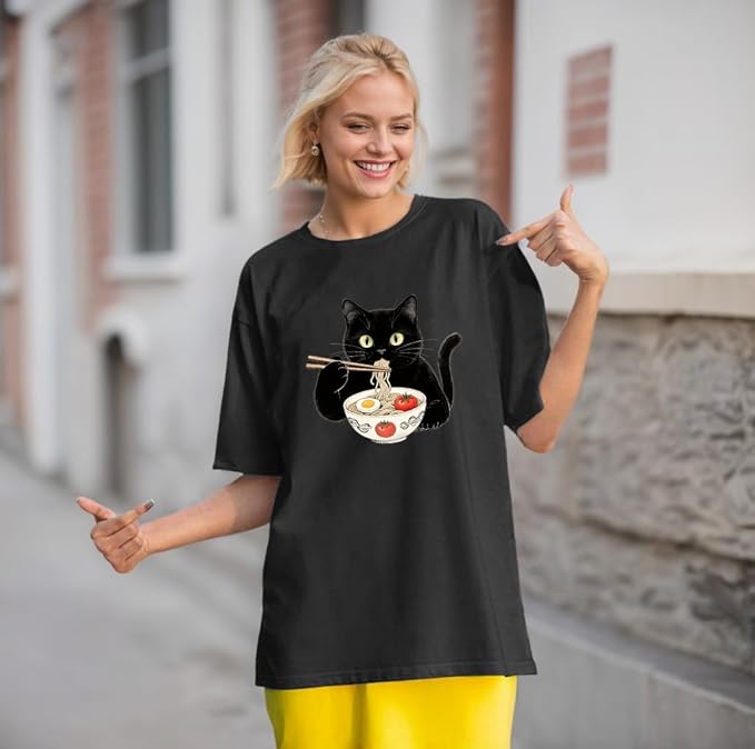 Cat Shirts for Women Oversized Cat Mom Shirt Animal Print Tops Cute Teen Clothes Casual Graphic Tees