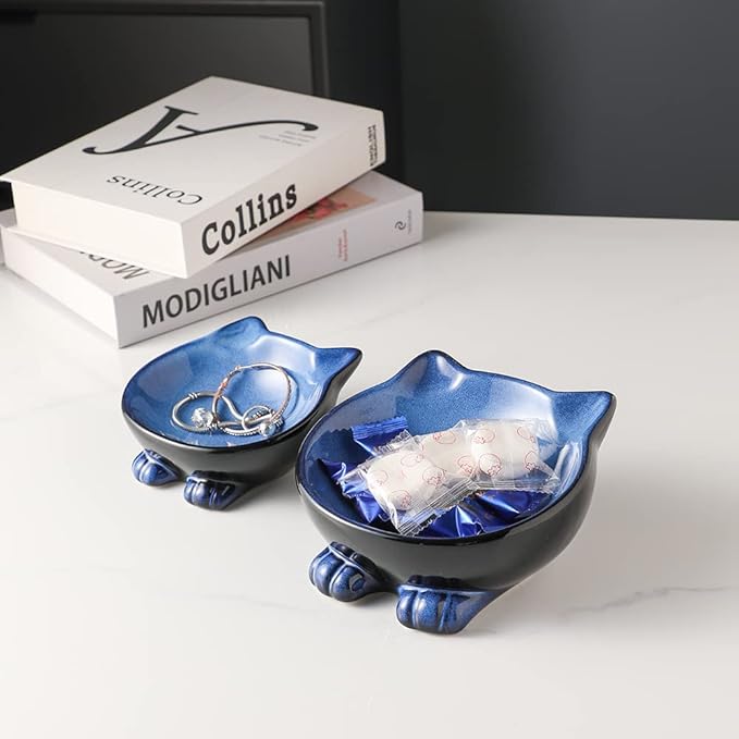 Nihow Ceramic Basic Cat Bowl: 5 Inch Cat Dish for Food & Water - Food Grade, Microwave & Dishwasher Safe - Elegant Blue & Black (4.25 OZ /1 PC)