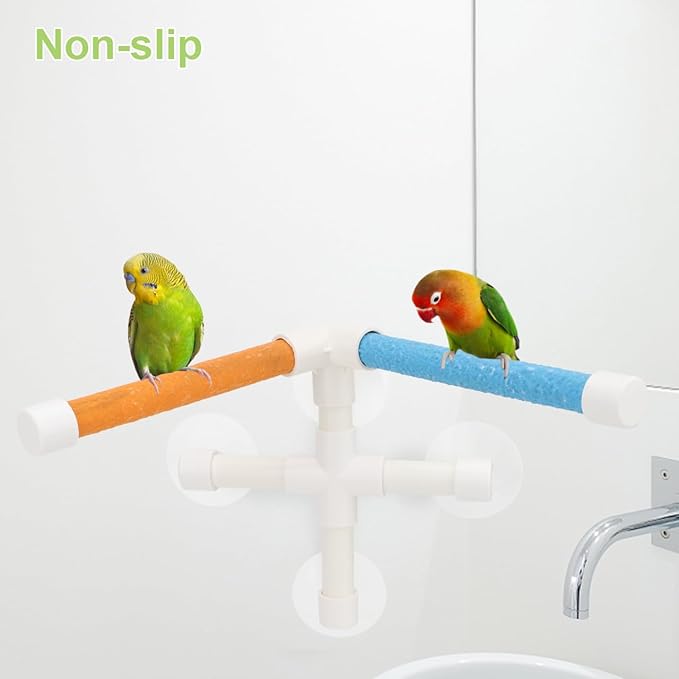 Hypeety Portable Suction Cup Bird Window and Shower Perch Toy for Bird Parrot Macaw Cockatoo African Greys Budgies Parakeet Bath Double Stand Perch Toy