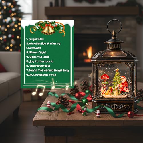 Christmas Snow Globe Lantern Water Glittering Santa Claus & Pups with Music & Timer