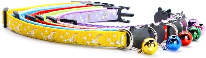 Reflective Cat Collars Breakaway with Bell 2-Pack Girl Boy Pet Kitten Collar with Star Moon Patetrn Adjustable 7.5-12.5 Inch (Green)