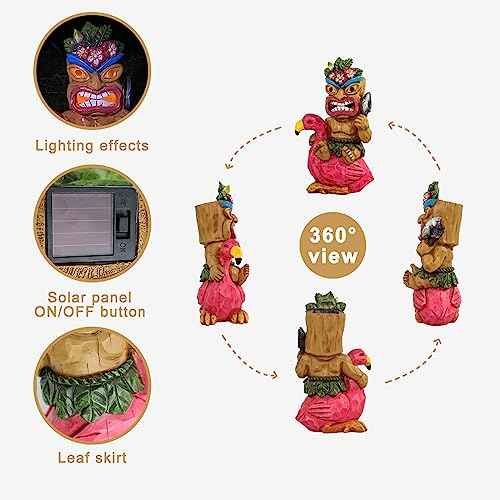 Solar Tiki Garden Statue Outdoor Decor with Flamingo Waterproof for Tiki Bar
