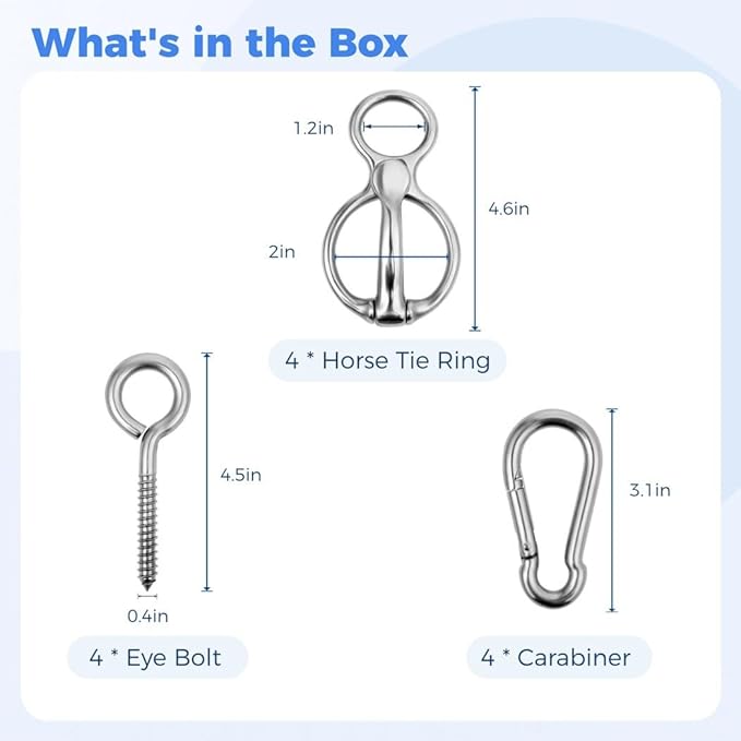 Homaisson 4 PCS Horse Tie Rings, Horse Tie Ring with Quick Snap and Eye Bolt, Heavy Duty Stainless Horse Tack and Supplies, Magnetic Safe Horse Tie Ring, Horse Training Equipment for Pulling Back