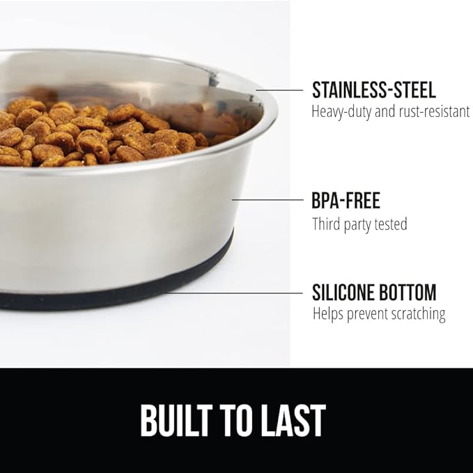 GORILLA GRIP Dog Bowls, Holds 4 Cups Each (32 fl oz), Heavy Duty Stainless Steel Food and Water Bowl for Feeding Dogs and Cats, Dishwasher Safe, Rust Resistant, BPA Free Rubber Base, Set of 2 Black