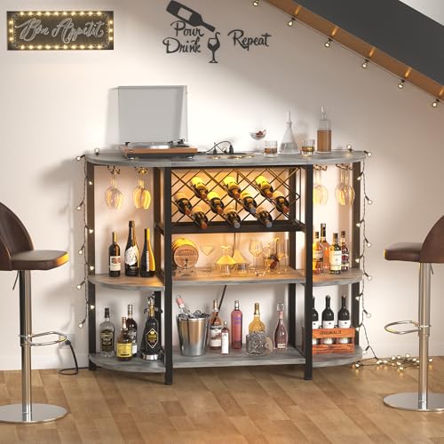 Rustic Walnut Industrial Bar Cabinet with LED Lights & Charging Station