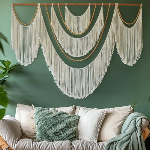 Macrame Wall Hanging Boho Yarn Art Tassel Beaded Handmade Decor 57"W*41"L