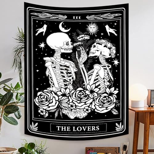 The Lovers Skull Tapestry Gothic Tapestry Vertical Black and White Skeleton Gothic Witch Sun Moon Floral Plant Snake Tapestries Wall Hanging Decor for Bedroom Dorm Room 35 x 47 Inches