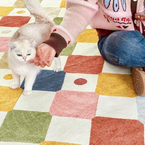 4x4 Square Rug Washable Kids Rug Colorful Checkered Play Mat (16 Sq Ft)