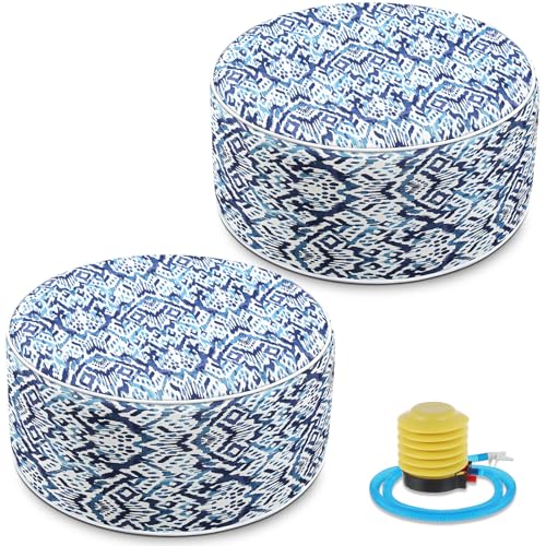 2 Pcs Inflatable Outdoor Ottoman Pouf Waterproof Round Footrest with Handle D21 x H9 Inch Indoor Outdoor Portable Footstool for Patio Garden Camping or Home Pool (2 Count)