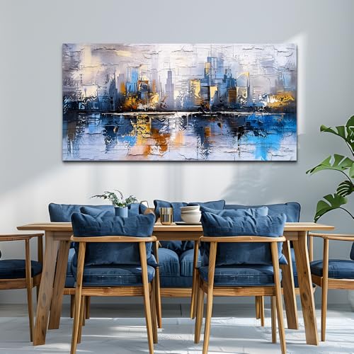 Abstract City Oil Painting Large Home Decor Mural Living Room Bedroom Modern Printed Canvas Wall Art Yellow Blue Graffiti Mural Office Corridor Can Be Directly Hung Wall Decor 24 X 48 In