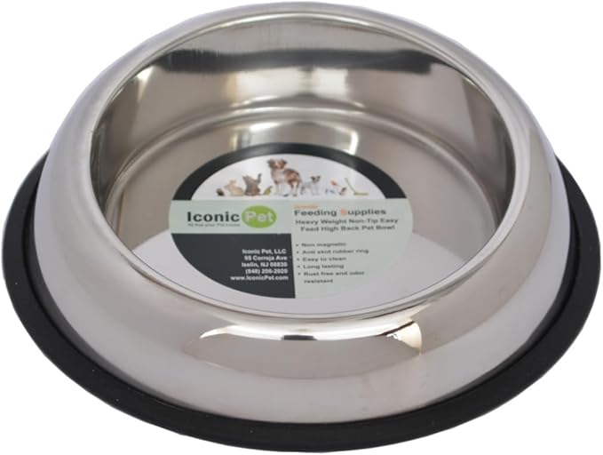 ICONIC PET 4 Cup/32 Oz Heavy Weight Non-Skid Stainless Steel High Back Pet Food/Water Bowls with Removable Anti Skid Rubber Ring - Dog/Cat Feeding Bowl in Unique Design, Dishwasher Safe