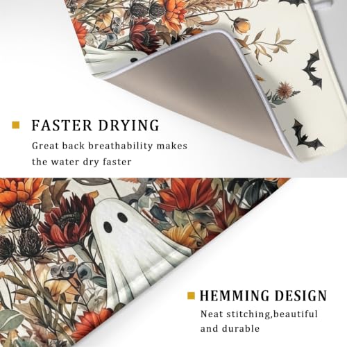 Halloween Dish Drying Mat for Kitchen Counter Cute Ghost Flowers Festival Super Absorbent Reversible Microfiber Kitchen Countertop Protector Dishes Pad Large 18x24 inch