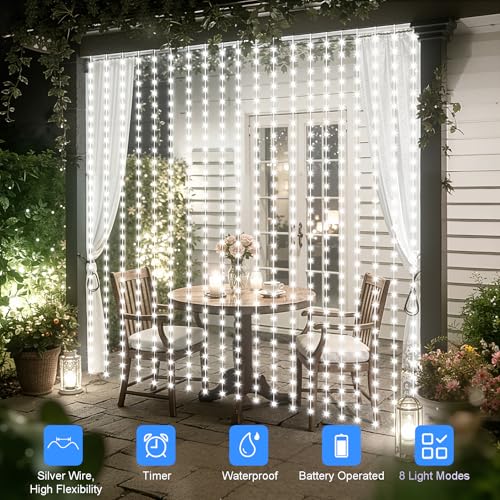 Curtain Lights Battery Operated 9.8 x 9.8Ft with Timer Cool White (300 Count)