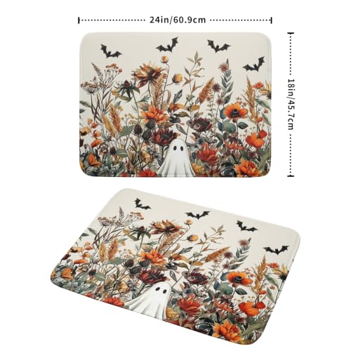 Halloween Dish Drying Mat for Kitchen Counter Cute Ghost Flowers Festival Super Absorbent Reversible Microfiber Kitchen Countertop Protector Dishes Pad Large 18x24 inch
