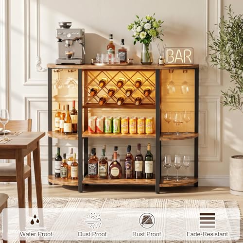 Tiger Grain 47" Curved Farmhouse Wine Bar Cabinet with RGB LED Lights & Power Outlets
