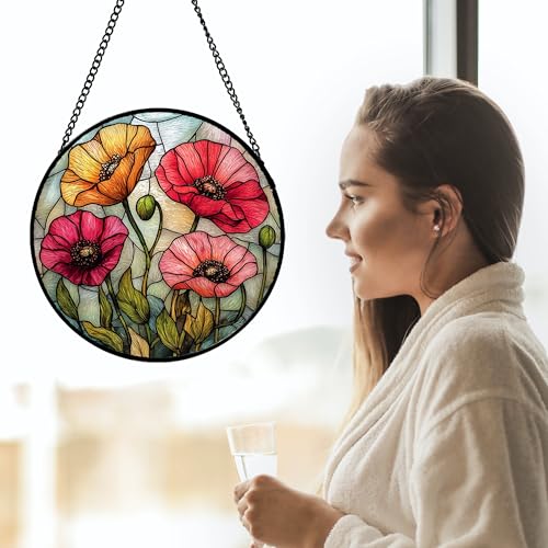 Poppy Flower Stained Glass Window Hanging Suncatcher Gifts for Women 9.8"