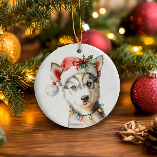 Santa Husky Puppy Christmas Ceramic Ornament