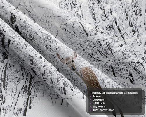 Winter Tapestry Wall Hanging Snow Scene Backdrop Winter Wonderland Wall Decor Snowy Forest Wall Art Nature Woodland Deer Tapestry for Bedroom Room Dorm Party Decoration