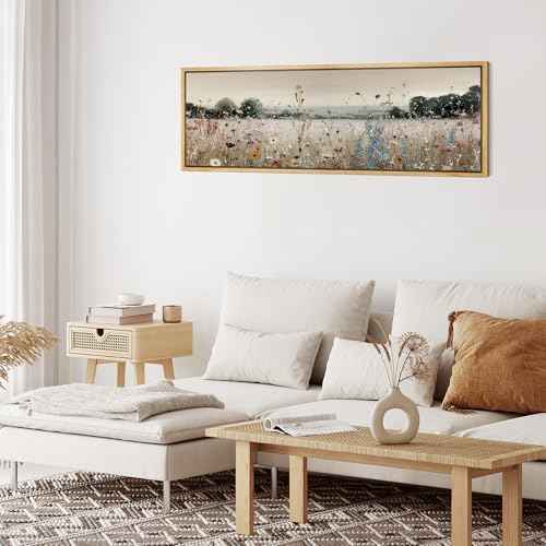 Large Framed Canvas Print Wall Art Wildflower Meadow Landscape Blooming Field Illustrations Antique Retro Fine Art Illustrations Decorative Colorful for Bedroom