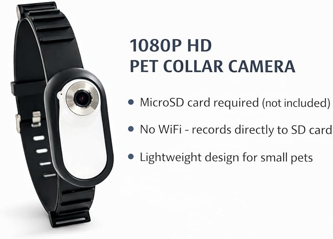 Mini Dog Collar Camera 1080P – Records to Micro SD Card – No Live Streaming – No WiFi – Lightweight POV Camera for Dogs – Adjustable Pet Collar