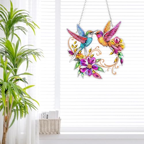 DIY Colorful Hummingbirds Diamond Painting Hanging Ornament