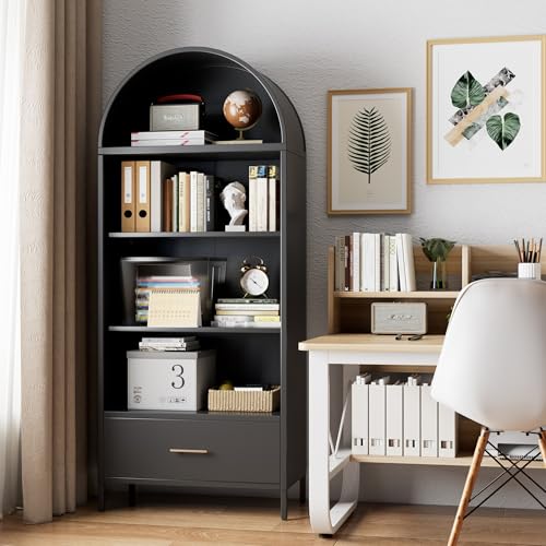 Metal Arched Bookcase with Drawer and 2 Adjustable Shelves