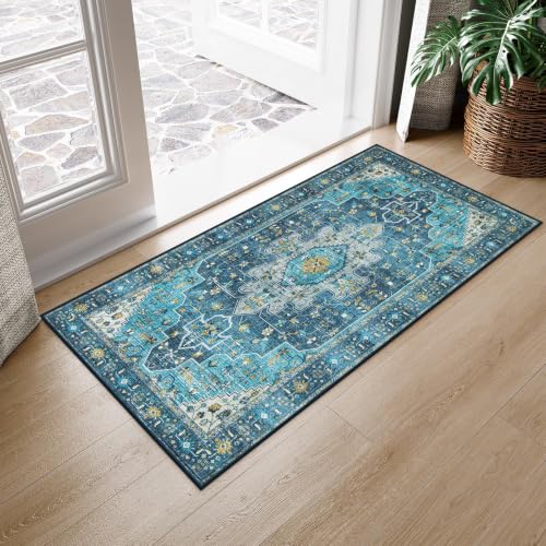 2x4 Teal Vintage Floral Medallion Runner Rug
