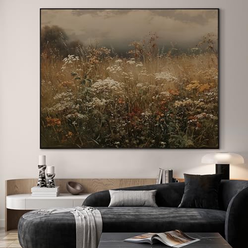 36"x46" Extra Large Framed Wall Art Autumn Meadow Landscape Rustic Brown and Golden Field Illustration for Home Living Room Bedroom Decor