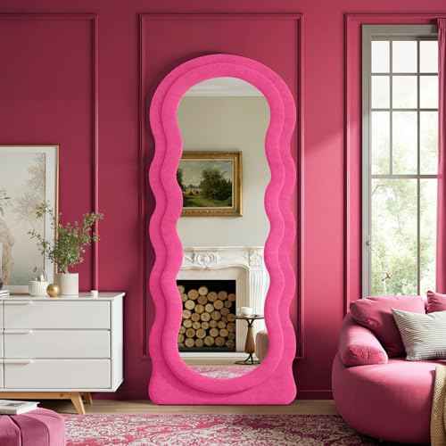 Full Length Mirror 71"x30" Irregular Wavy Full Body Wall Mounted Floor Mirror with Stand Hot Pink Flannel Frame Leaning Hanging Wall for Bedroom Entrance Hallway