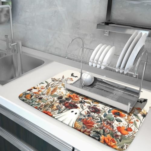 Halloween Dish Drying Mat for Kitchen Counter Cute Ghost Flowers Festival Super Absorbent Reversible Microfiber Kitchen Countertop Protector Dishes Pad Large 18x24 inch