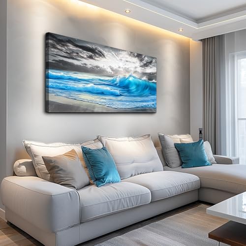 Large Canvas Beach Wall Pictures Wall Decor For Living Room Wall Art For Bedroom Office Decorations Blue Sea Wave Ocean Painting Printing Artworks Modern Restaurant Home Decor 20x40 In