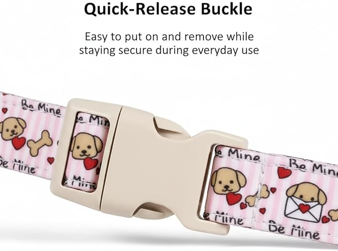 Pink Dog Collar, Girl Dog Collar with Cute Dogs and Hearts, Cute Spring Summer Food Collar with Soft & Breathable Fabric, Adjustable Pet Collar for Small Dogs