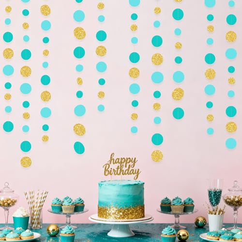 Teal Gold Party Polka Dot Garland Banner Aqua Turquoise Glitter Gold Hanging Paper Circle Dots Streamer for Birthday Wedding Shower Engagement Bridal Shower Retirement Party Decorations Supplies