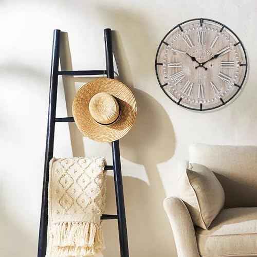 12 Inch Farmhouse Wall Clock Rustic Antique Wood with Metal Circle and Large Engraved Numerals