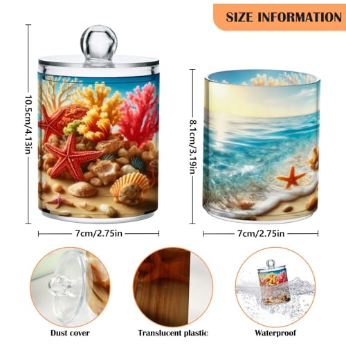 2 Pack Qtip Holder Organizer Dispenser Starfish Coral Seashell Summer Beach Bathroom Storage Canister Cotton Ball Holder Container for Cotton Pads (2 Count)
