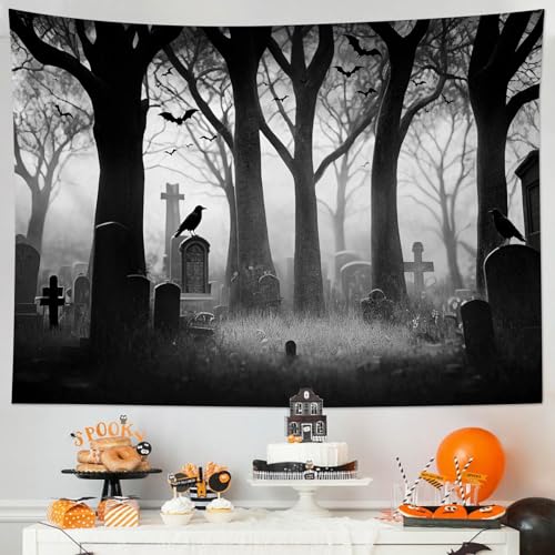Spooky Halloween Cemetery Tapestry Scary Tombstone with Dead Trees Forest Tapestry Wall Hanging Horror Ghost Party Background Tapestry for Bedroom Living Room Dorm 80Wx60L Inches