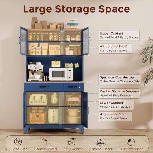 74.8" Tall Metal Pantry Cabinet with Charging Station & LED Light