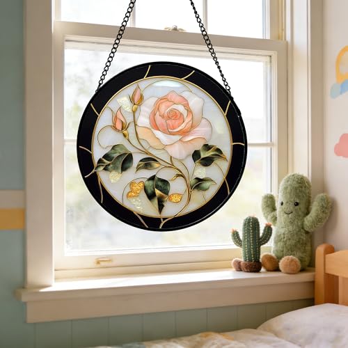 Pink Rose Stained Glass Window Hanging Suncatcher Gifts for Women 9.8"