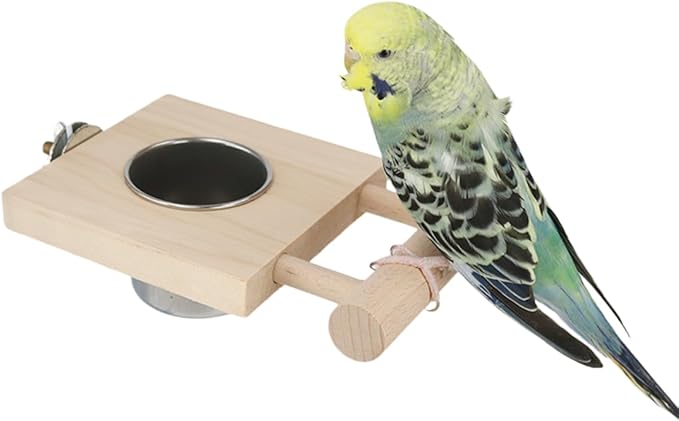 Bird Food Stainless Steel Cups Wooden Perch Stand Hanging Feeder Bowls Feeding and Watering Supplies for Parakeets Conures Cockatiels Budgie Parrot (S)