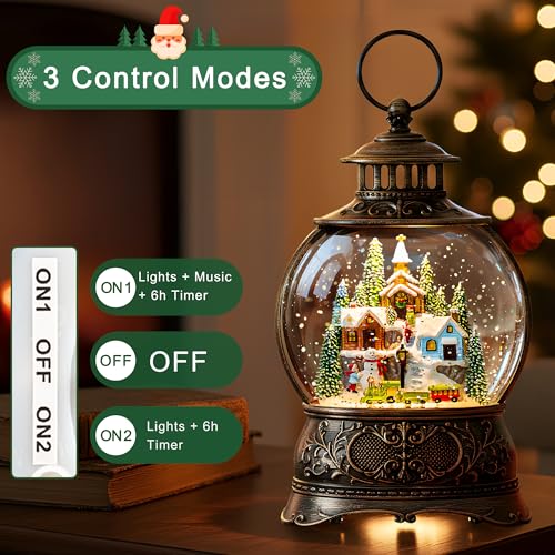 Christmas Snow Globe Water Lantern with Mountain Village and Train Scene Battery Operated or USB Powered Musical Lighted Holiday Decoration for Tabletop Display for Family and Friend