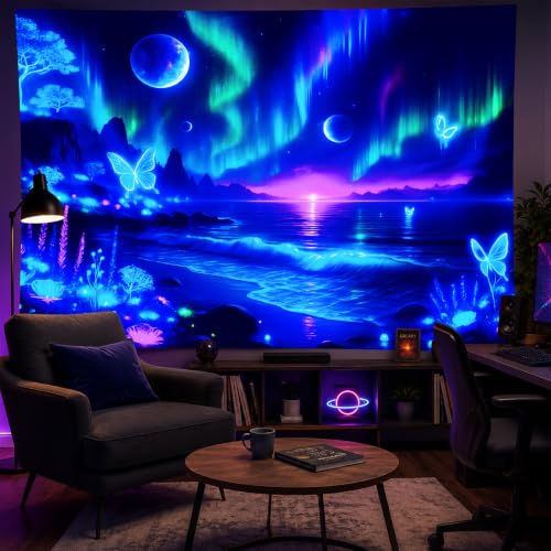 Blacklight Tapestry Galaxy Butterfly UV Wall Art 78 x 59 Inch