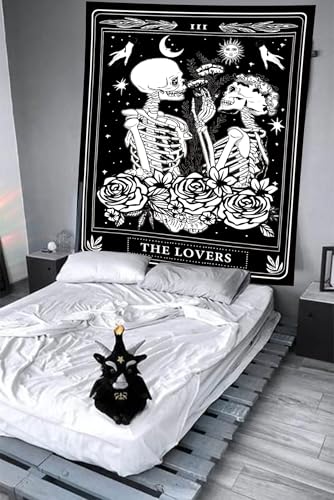The Lovers Skull Tapestry Gothic Tapestry Vertical Black and White Skeleton Gothic Witch Sun Moon Floral Plant Snake Tapestries Wall Hanging Decor for Bedroom Dorm Room 35 x 47 Inches