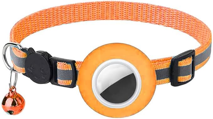 Tracker-Ready Breakaway Cat Collar (No Tracker Included) - Detachable GPS Holder + Safety Bell - Adjustable Reflective Collar with Quick-Release Buckle - for AirTag/Tile Compatible(Orange)