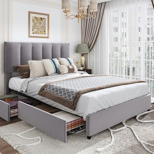 Full Size Bed Frame with 4 Storage Drawers
