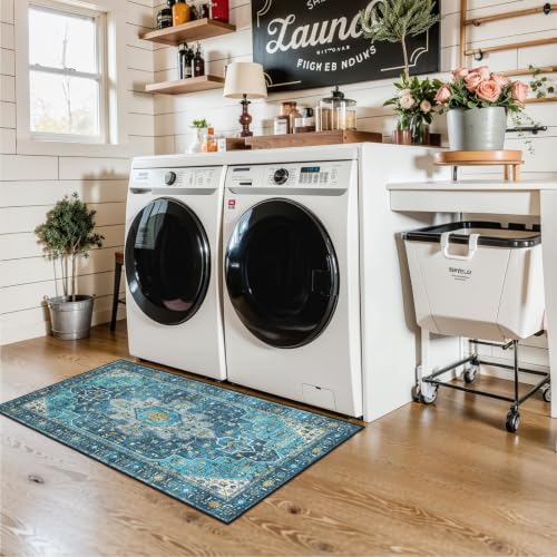 2x4 Teal Vintage Floral Medallion Runner Rug