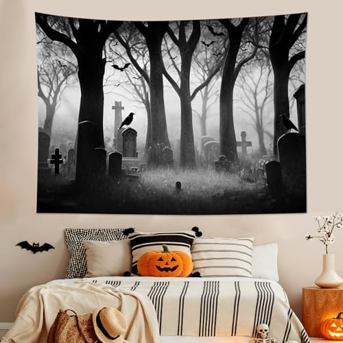 Spooky Halloween Cemetery Tapestry Scary Tombstone with Dead Trees Forest Tapestry Wall Hanging Horror Ghost Party Background Tapestry for Bedroom Living Room Dorm 80Wx60L Inches